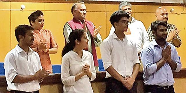 The ABVP panel attended an event to seek votes on Tuesday evening. (HT Photo) The ABVP panel attended an event to seek votes on Tuesday evening. (HT Photo)