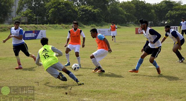 Players of Shri Ram College of Commerce during a football tournament. (Focus Sports) Players of Shri Ram College of Commerce during a football tournament. (Focus Sports)
