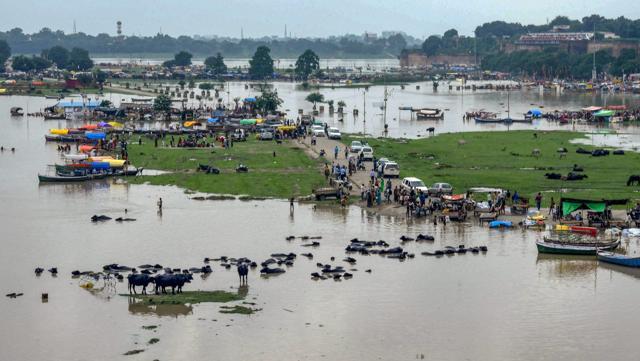 A view of the submerged area as the water level of river Ganga rises following monsoon rains, in Allahabad on Monday, Sept 3, 2018. (PTI) A view of the submerged area as the water level of river Ganga rises following monsoon rains, in Allahabad on Monday, Sept 3, 2018. (PTI)
