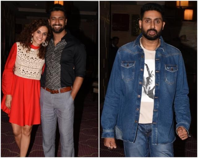 Taapsee Pannu, Vicky Kaushal and Abhishek Bachchan snapped in Juhu. Taapsee Pannu, Vicky Kaushal and Abhishek Bachchan snapped in Juhu.