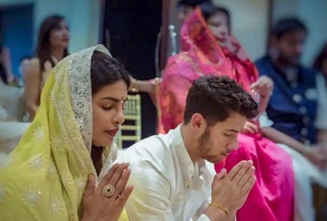 Priyanka Chopra and American singer Nick Jonas at the pre-wedding rituals at her Juhu residence in August. (PTI)