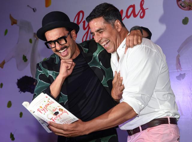 Bollywood actors Akshay Kumar and Ranveer Singh during Twinkle Khanna's book Pyjamas are Forgiving launch, in Mumbai. (PTI)