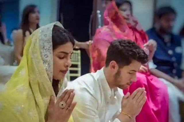 Priyanka Chopra and American singer Nick Jonas at the pre-wedding rituals at her Juhu residence in August. (PTI)