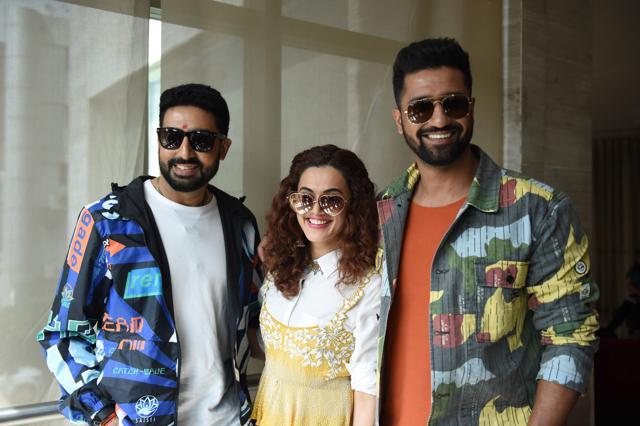 Indian actors Taapsee Pannu(C), Abhishek Bachchan (L) and Vicky Kaushal pose for a picture during a promotional event for the upcoming film Manmarizyaan. (AFP)