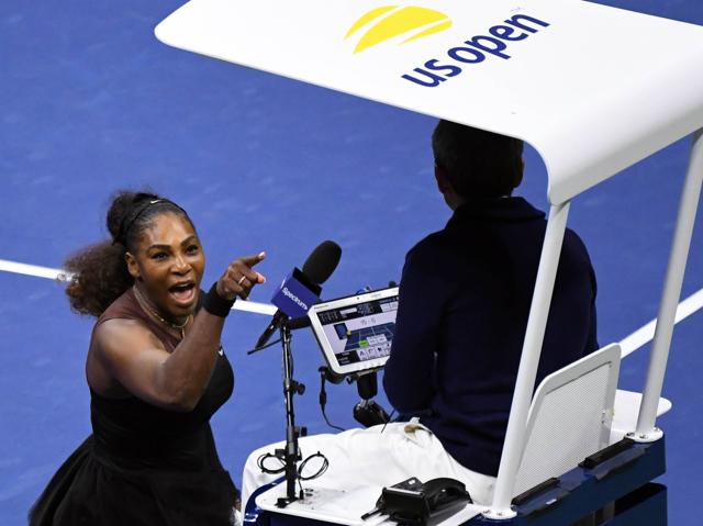 Serena Williams yells at chair umpire Carlos Ramos in the women's final against Naomi Osaka of Japan on day thirteen of the 2018 US Open tennis tournament. (USA TODAY Sports)