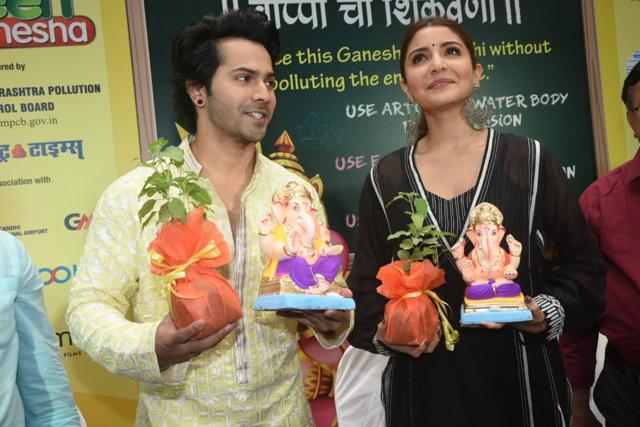 Anushka Sharma and Varun Dhawan welcome an environment friendly Ganesha for Ganesha Chaturthi this year. (Viral Bhayani) Anushka Sharma and Varun Dhawan welcome an environment friendly Ganesha for Ganesha Chaturthi this year. (Viral Bhayani)