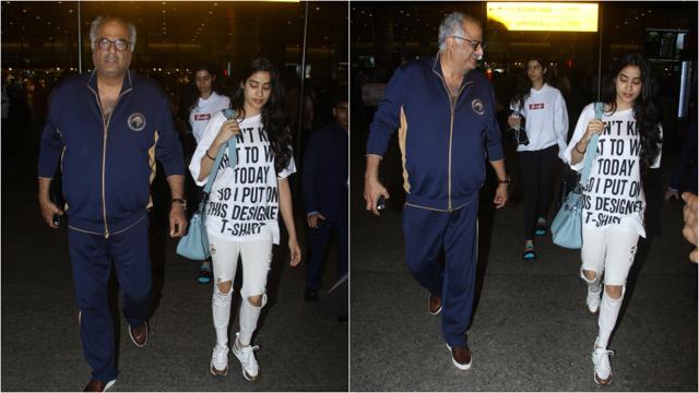 Boney Kapoor with daughter Janvhi and Khushi at the airport. (Viral Bhayani) Boney Kapoor with daughter Janvhi and Khushi at the airport. (Viral Bhayani)
