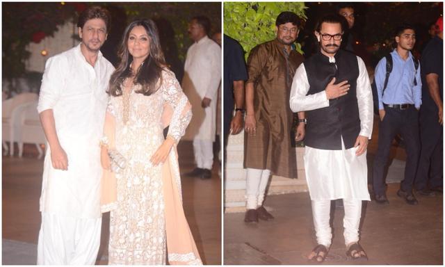 Shah Rukh Khan with wife Gauri and Aamir Khan at the do. (viral bhayani) Shah Rukh Khan with wife Gauri and Aamir Khan at the do. (viral bhayani)