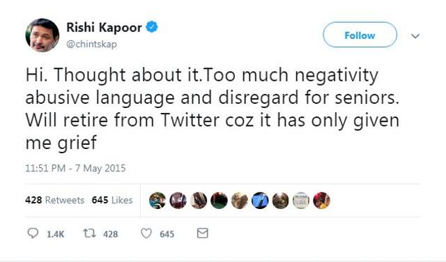 Actor Rishi Kapoor was back in hours after going off Twitter in May 2015.