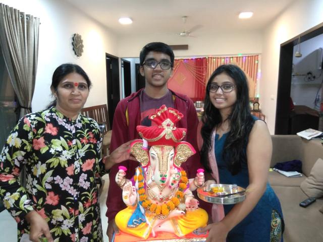 Shah family, who came to Pune from Ahmedabad, with their Ganpati. (HT PHOTO) Shah family, who came to Pune from Ahmedabad, with their Ganpati. (HT PHOTO)