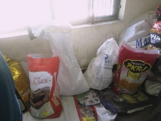 It was found that raw material including rice, refined flour, pulses and other edibles was kept in open sacks on the floor instead of being stored in air-tight containers. (HT Photo)