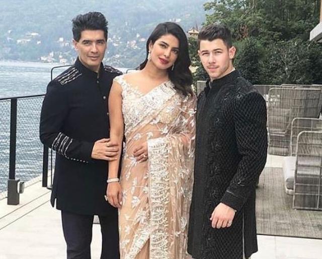 Priyanka Chopra and Nick Jonas with Manish Malhotra at Lake Como.
