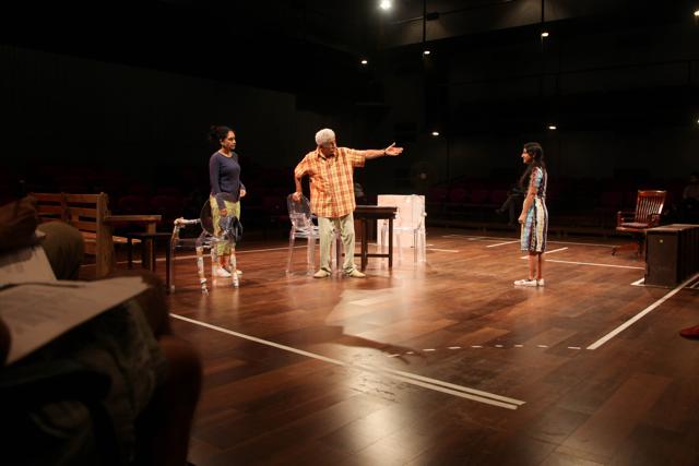 The play’s duct-taped minimalist stage is inspired by the stage setting of Lars von Trier’s film 2003 Dogville, which saw chalk lines on a naked stage marking the various locations of the town (Photo courtesy: Motley) The play’s duct-taped minimalist stage is inspired by the stage setting of Lars von Trier’s film 2003 Dogville, which saw chalk lines on a naked stage marking the various locations of the town (Photo courtesy: Motley)