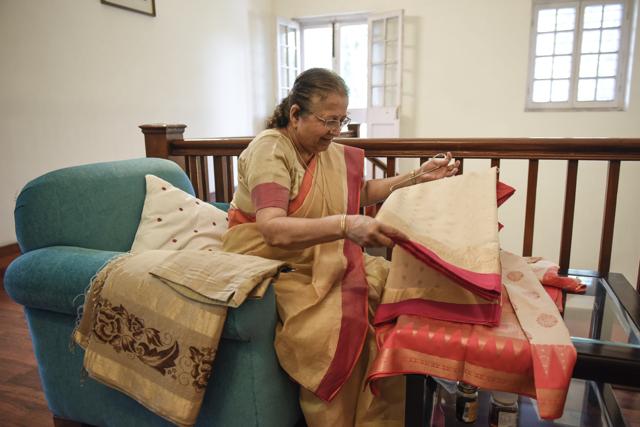 Lok Sabha speaker Sumitra Mahajan has an enviable collection of saris, mostly Chanderis and Maheshwaris. (Burhaan Kinu/HT Photo) Lok Sabha speaker Sumitra Mahajan has an enviable collection of saris, mostly Chanderis and Maheshwaris. (Burhaan Kinu/HT Photo)