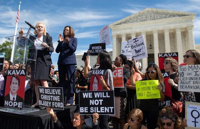 US Senator Kirsten Gillibrand, Democrat of New York, speaks alongside US Senator Kamala Harris (R), Democrat from California, as demonstrators protest against Judge Brett Kavanaugh's nomination. (AFP Photo) US Senator Kirsten Gillibrand, Democrat of New York, speaks alongside US Senator Kamala Harris (R), Democrat from California, as demonstrators protest against Judge Brett Kavanaugh's nomination. (AFP Photo)