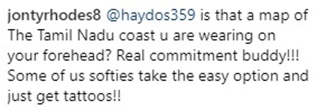 Jonty Rhodes’ comment on Matthew Hayden’s photograph (Instagram) Jonty Rhodes’ comment on Matthew Hayden’s photograph (Instagram)