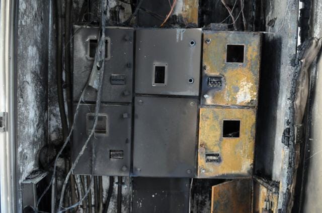 The burnt electrical unit at Tulip Orange society, tower B6, in sector 70, Gurugram, India, on Monday, October 08, 2018. (Parveen Kumar / HT Photo ) The burnt electrical unit at Tulip Orange society, tower B6, in sector 70, Gurugram, India, on Monday, October 08, 2018. (Parveen Kumar / HT Photo )