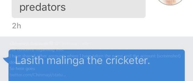 Screenshot of photos posted by singer Chinmayi Sripaada of her conversation with a follower (Twitter Screenshot)