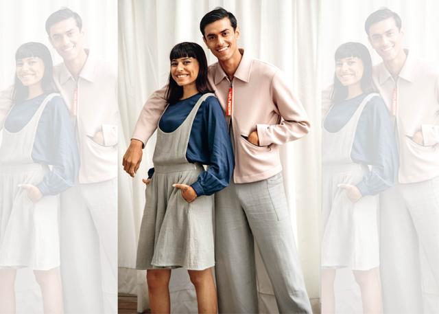 On Urvi (left): Blouse and jumpsuit, Anuj Bhutani On Hemant (right): Jumpsuit, Anuj Bhutani; jacket, Dhruv Kapoor (Hari Nair) On Urvi (left): Blouse and jumpsuit, Anuj Bhutani On Hemant (right): Jumpsuit, Anuj Bhutani; jacket, Dhruv Kapoor (Hari Nair)