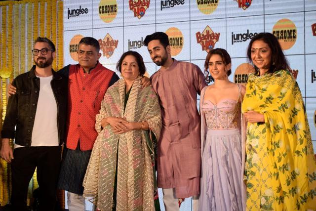 Director Amit Sharma, actors Gajraj Rao, Neena Gupta, Ayushmann Khurrana and Sanya Malhotra during a baby shower for expecting mothers in Mumbai on October 10, 2018. (IANS) Director Amit Sharma, actors Gajraj Rao, Neena Gupta, Ayushmann Khurrana and Sanya Malhotra during a baby shower for expecting mothers in Mumbai on October 10, 2018. (IANS)