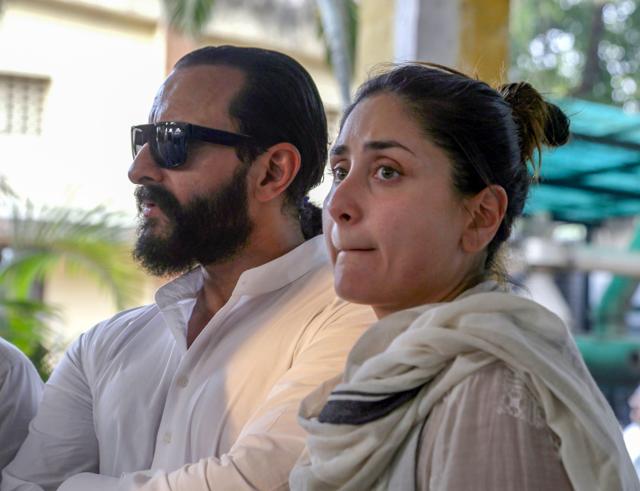 Actor-couple Saif Ali Khan and Kareena Kapoor during the funeral ceremony of Krishna Kapoor, the widow of the legendary Bollywood actor-film-maker Raj Kapoor. (PTI) Actor-couple Saif Ali Khan and Kareena Kapoor during the funeral ceremony of Krishna Kapoor, the widow of the legendary Bollywood actor-film-maker Raj Kapoor. (PTI)