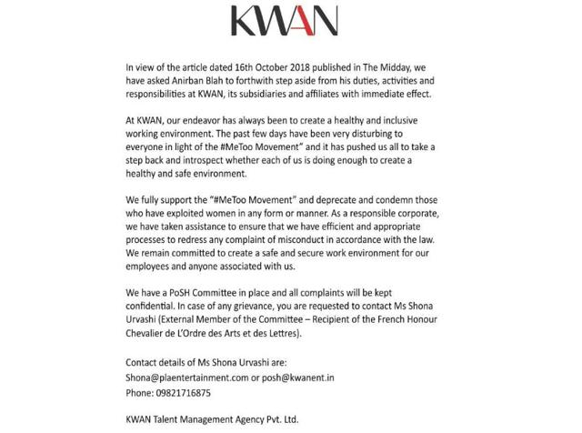 A press release issued by Kwan Entertainment. A press release issued by Kwan Entertainment.