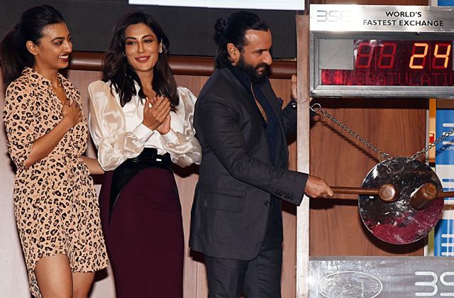 Indian Bollywood actors Radhika Apte (L), Chitrangda Singh (C) and Saif Ali Khan (R) attend the trailer launch of their upcoming crime drama thriller Hindi film Baazaar in Mumbai. (AFP) Indian Bollywood actors Radhika Apte (L), Chitrangda Singh (C) and Saif Ali Khan (R) attend the trailer launch of their upcoming crime drama thriller Hindi film Baazaar in Mumbai. (AFP)
