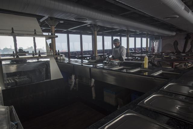 The kitchen at Angriya , India's first domestic cruise. (Pratik Chorge/HT Photo)