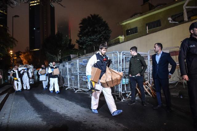 Turkish forensic police officers leave after searching evidence at the Saudi Arabiain Consulate on October 18, 2018 in Istanbul. (AFP) Turkish forensic police officers leave after searching evidence at the Saudi Arabiain Consulate on October 18, 2018 in Istanbul. (AFP)