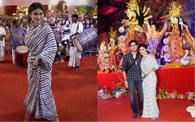 Mouni Roy with Ayan Mukerji at a pandal. (IANS) Mouni Roy with Ayan Mukerji at a pandal. (IANS)