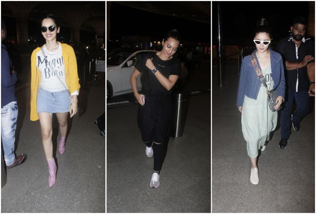 Manushi Chillar, Sonakshi Sinha and Alia Bhatt at the airport. (Viral Bhayani) Manushi Chillar, Sonakshi Sinha and Alia Bhatt at the airport. (Viral Bhayani)