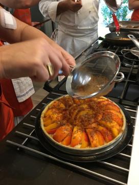 Peach tart with almonds, candied lemon skin lavender. This is another signature dish of chef Marc.