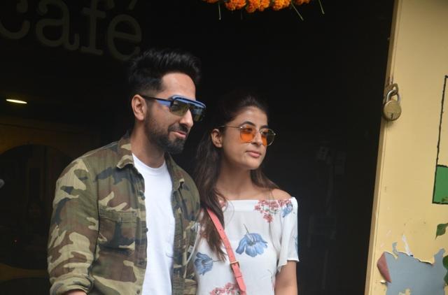 Ayushmann Khurrana and his wife Tahira Kashyap seen at a cafe in Mumbai's Bandra. (IANS)