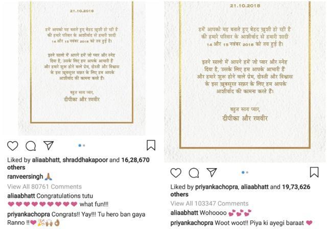 Check out Priyanka Chopra’s message on Ranveer Singh and Deepika Padukone’s respective posts. Check out Priyanka Chopra’s message on Ranveer Singh and Deepika Padukone’s respective posts.