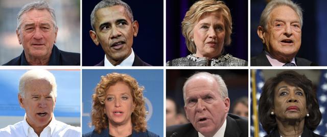 This combination of file photos shows top L-R: actor Robert De Niro former US President Barack Obama (L), former Secretary of State Hillary Clinton (C), and billionaire George Soros; bottom L-R: former US Vice President Joe Biden, Democratic lawmaker Debbie Wasserman Schultz, former CIA director John Brennan, and California Democratic Representative Maxine Waters. (AFP Photo) This combination of file photos shows top L-R: actor Robert De Niro former US President Barack Obama (L), former Secretary of State Hillary Clinton (C), and billionaire George Soros; bottom L-R: former US Vice President Joe Biden, Democratic lawmaker Debbie Wasserman Schultz, former CIA director John Brennan, and California Democratic Representative Maxine Waters. (AFP Photo)
