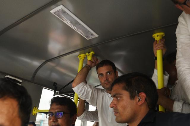 Congress president Rahul Gandhi in the police van as he was detained during the protest march at the CBI headquarter in New Delhi on October 26. (Vipin Kumar/HT PHOTO) Congress president Rahul Gandhi in the police van as he was detained during the protest march at the CBI headquarter in New Delhi on October 26. (Vipin Kumar/HT PHOTO)