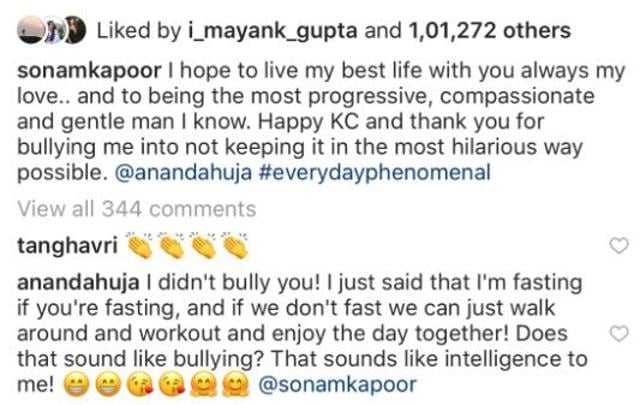 Sonam Kapoor and Anand Ahuja’s funny Instagram exchange.