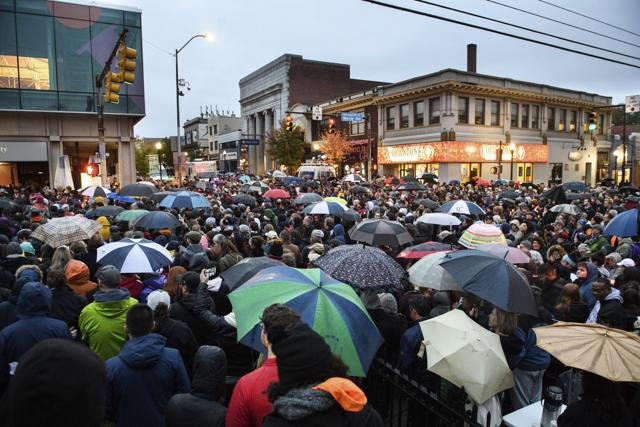 People gather for a vigil on Murray and Forbes Avenues, blocks from where an active shooter shot multiple people at Tree of Life Congregation synagogue on Saturday, Oct. 27, 2018, in the Squirrel Hill section of Pittsburgh. (AP) People gather for a vigil on Murray and Forbes Avenues, blocks from where an active shooter shot multiple people at Tree of Life Congregation synagogue on Saturday, Oct. 27, 2018, in the Squirrel Hill section of Pittsburgh. (AP)