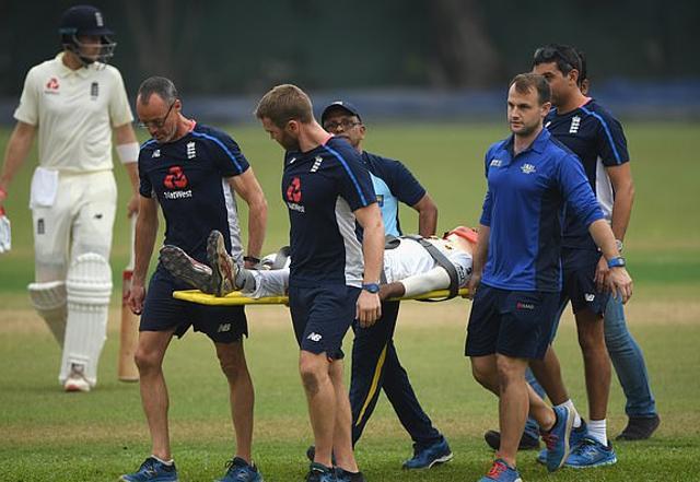 Pathum Nissanka being stretchered off the ground by England and Sri Lankan doctors (Getty Image)