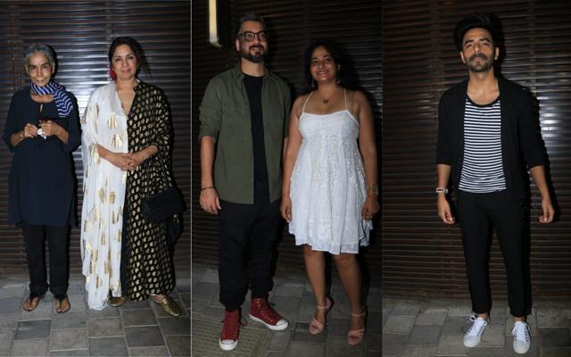 Surekha Sikri with Neena Gupta, director Amit Sharma and Aparshakti Khurana at the bash. (Viral Bhayani) Surekha Sikri with Neena Gupta, director Amit Sharma and Aparshakti Khurana at the bash. (Viral Bhayani)