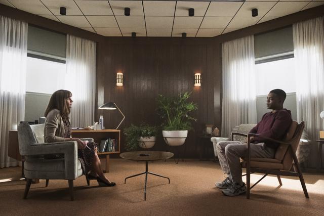 Julia Roberts and Stephan James conduct one of their many interviews in Amazon’s Homecoming. Julia Roberts and Stephan James conduct one of their many interviews in Amazon’s Homecoming.