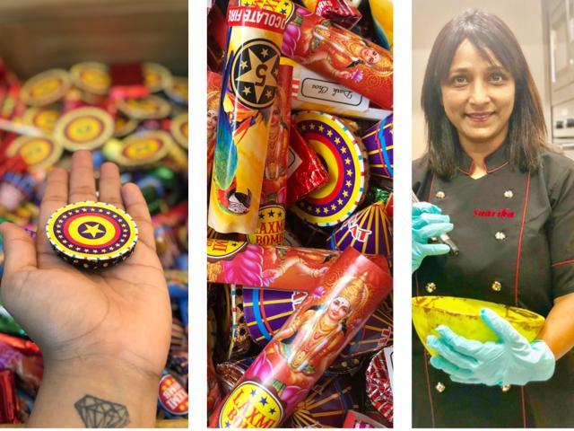Home baker Sarika Shahu (extreme right) offers a range of chocolates that resemble popular crackers like Anar, Chakri, Rocket, Sutli Bomb, Laxmi Bomb, and Lavangi. (Photos courtesy: Sarika Shahu) Home baker Sarika Shahu (extreme right) offers a range of chocolates that resemble popular crackers like Anar, Chakri, Rocket, Sutli Bomb, Laxmi Bomb, and Lavangi. (Photos courtesy: Sarika Shahu)