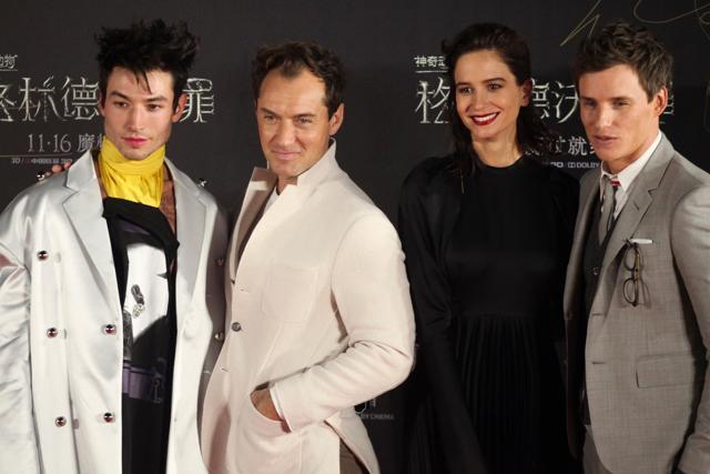 Actors (L to R) Ezra Miller, Jude Law, Katherine Waterston, Eddie Redmayne pose for a photo on the red carpet during a promotional event of the movie 'Fantastic Beasts: The Crimes of Grindelwald' in Beijing on October 28, 2018. (AFP)