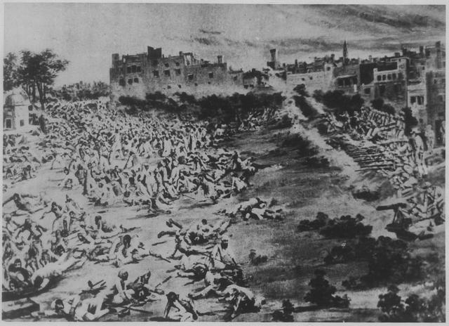 An artist recreates the horrific massacre at Jallianwala Bagh in 1919. Brigadier Dyer ordered his troops to fire on 15,000 unarmed and non-violent men, women and children in Amritsar, killing 1,499 and wounding, 1,137. The British hailed Dyer as a hero. (HT Archive) An artist recreates the horrific massacre at Jallianwala Bagh in 1919. Brigadier Dyer ordered his troops to fire on 15,000 unarmed and non-violent men, women and children in Amritsar, killing 1,499 and wounding, 1,137. The British hailed Dyer as a hero. (HT Archive)