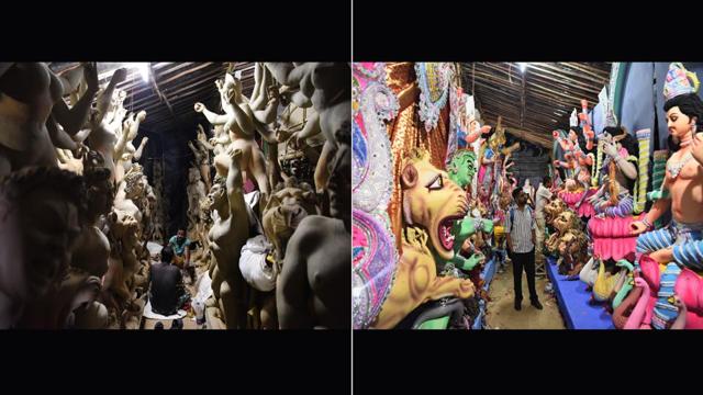 A before and after shot of the Craftsman’s workshop at the Kali Bari temple in CR Park, New Delhi. (Photo by Sarang Gupta/Hindustan Times)