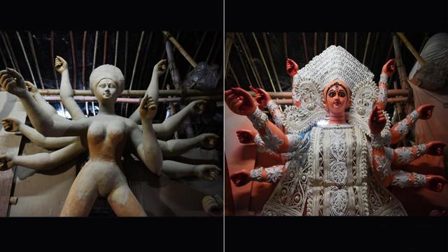 Made of clay and sawdust, a Durga idol awaits decoration while another is decked up with traditional headgear and jewellery. (Photo by Sarang Gupta/Hindustan Times)