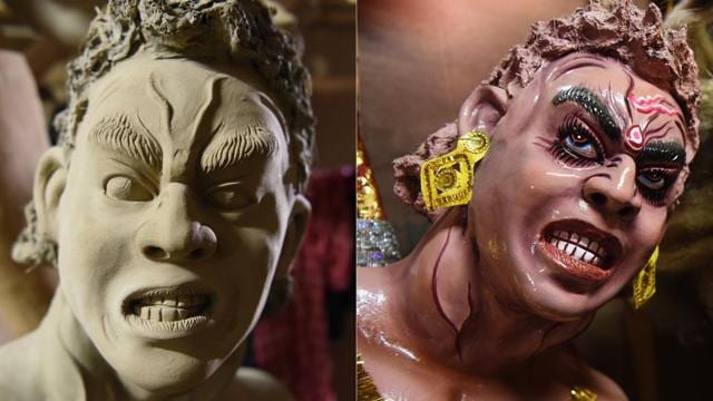 A shot of the clay figurine of demon Mahishasura and the paint-detailed version of the same. (Photo by Sarang Gupta/Hindustan Times)