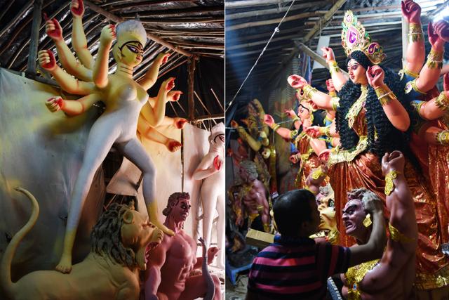 A before and after shot that showcases the first layer of paint on a Durga idol and the finished look decked up with clothes, jewellery and paint. (Photo by Sarang Gupta/Hindustan Times)