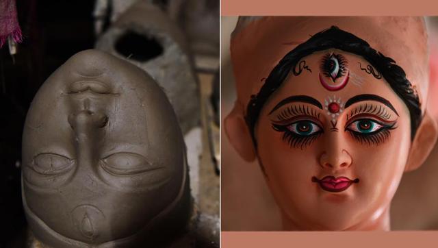 A shot that showcases the creation of the face of the Durga Idol and how it looks after the paint work is completed. (Photo by Sarang Gupta/Hindustan Times)