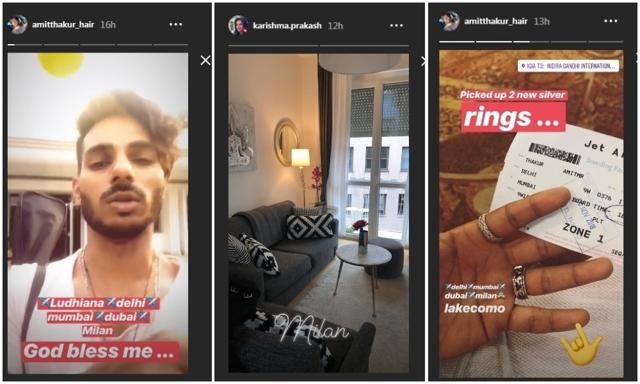 Amit Thakur (left) put up a short video clip of him leaving for Italy, while Karishma Prakash put up a picture of her room (centre). (Instagram) Amit Thakur (left) put up a short video clip of him leaving for Italy, while Karishma Prakash put up a picture of her room (centre). (Instagram)